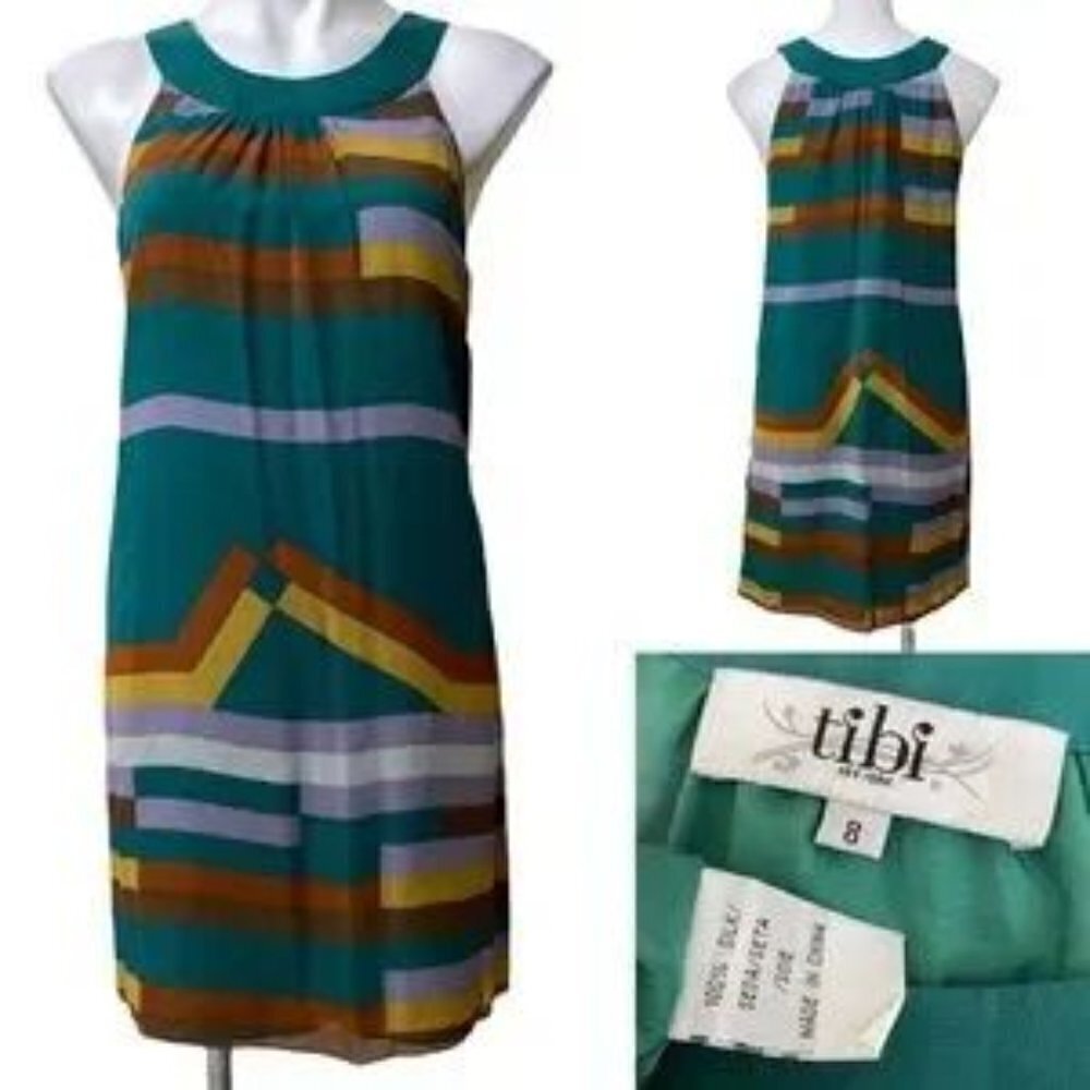 TIBI NEW YORK Green Multi Colored Sleeveless Mini Dress